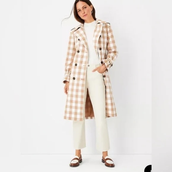 ANN TAYLOR Tan and White Checked Trench Coat Small NEW - Picture 1 of 10